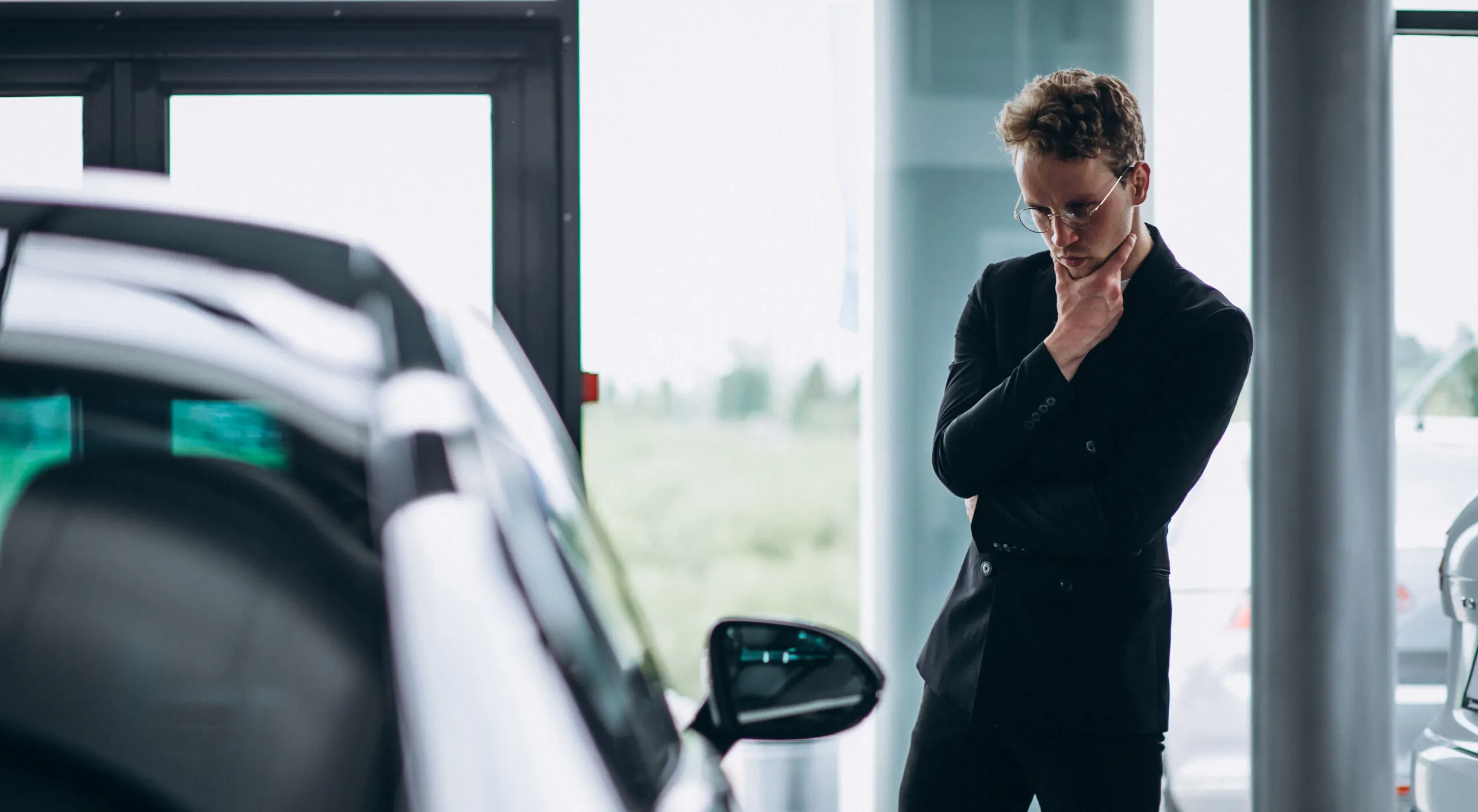 Un homme dans une concession qui réfléchit à l'achat de sa voiture