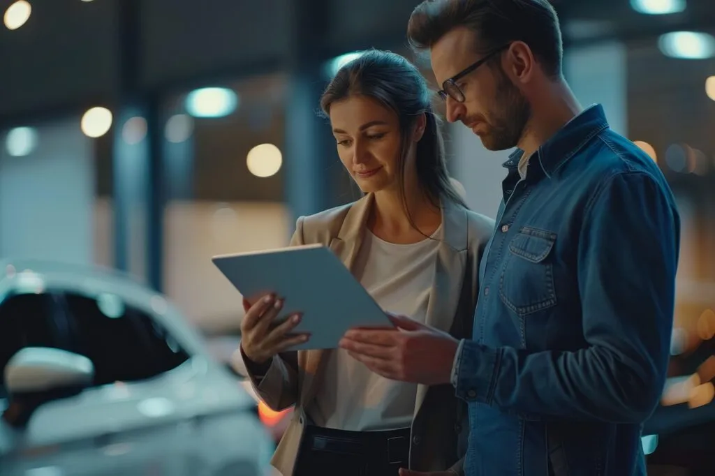 Un couple qui achète une voiture et vérifi les options de financement