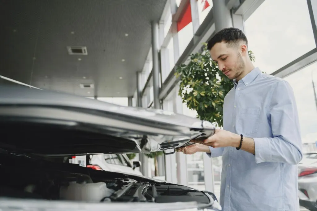 Client qui vérifie un véhicule avant de l'acheter