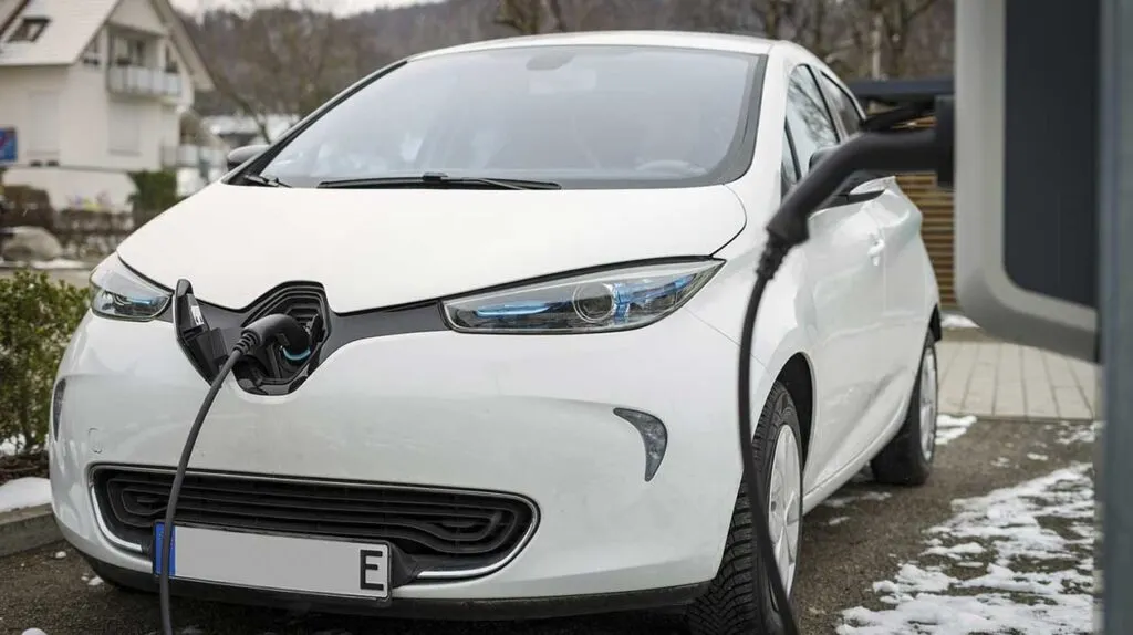 Une voiture renault sous la neige en train de recharger