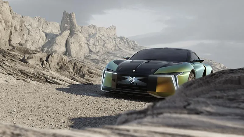 Vue de devant extérieure de la DS e-tense performance