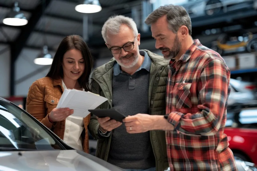 Un couple qui achète une voiture et qui vérifie les papiers avec le concessionnaire