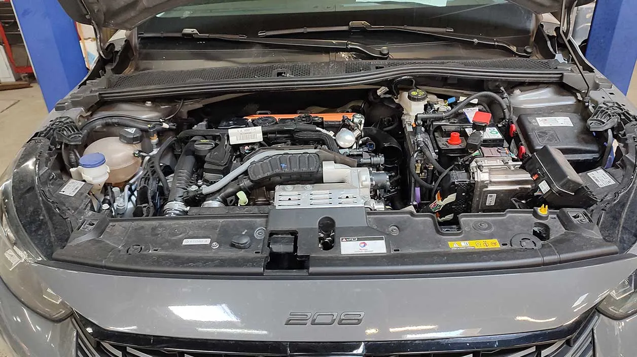 capot d'un moteur de voiture ouvert avec le réservoir de liquide de refroidissement